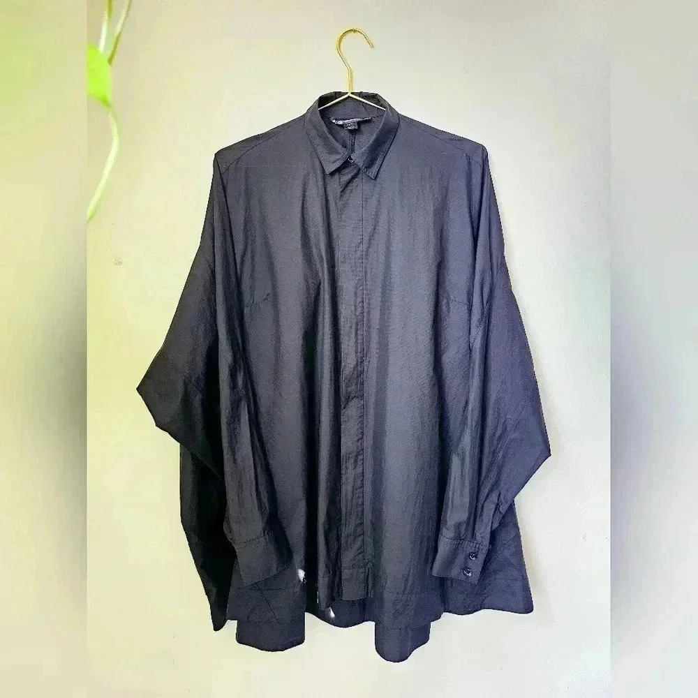 Y-3 YOHJI YAMAMOTO ADIDAS Oversized Black Collared Button Up Long Sleeve Draped